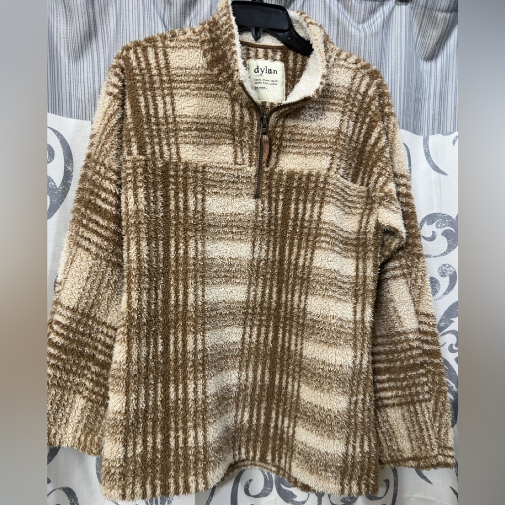 EUC DYLAN Women's Chunky Brown Plaid Sherpa Quarter Zip Size Small